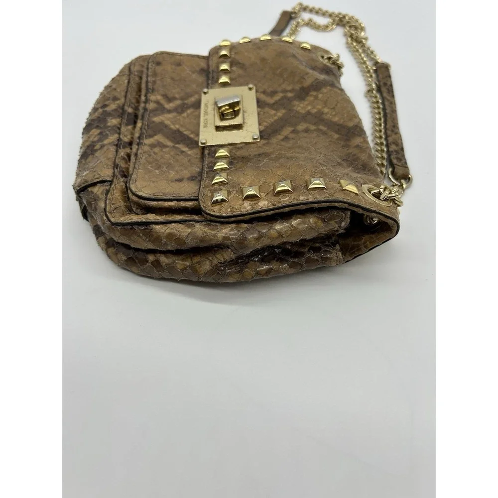 MICHAEL KORS Selma Python Embossed‎ Leather Studded Shoulder Bag Gold Chain Flap